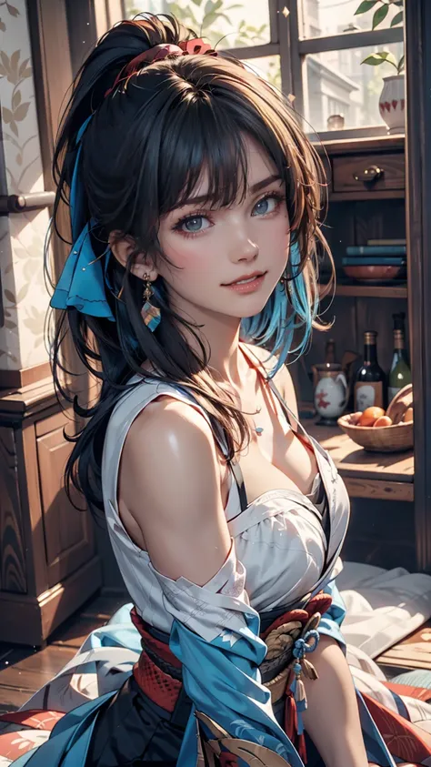 (masterpiece), ( best quality), ( more details),(  dichevelle hair  ),(illustration), ( 1 girl in the best),  are standing,  smiles,  beautiful detailed eyes, Pale blue eyes,  detailed beautiful face, (Ayaka Kamisato: 1.2),  faces,   ponytail, Ayaka Kamisa...