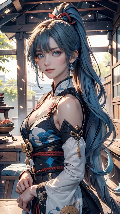 (masterpiece), ( best quality), ( more details),(  dichevelle hair  ),(illustration), ( 1 girl in the best),  are standing,  smiles,  beautiful detailed eyes, Pale blue eyes,  detailed beautiful face, (Ayaka Kamisato: 1.2),  faces,   ponytail, Ayaka Kamisa...