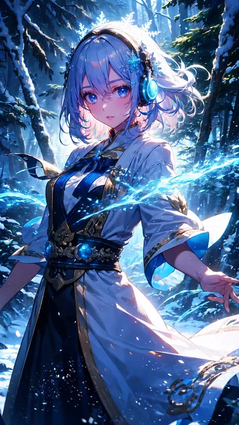  Beautiful young Snow Goddess with flowing blue accents in a long white dress ,  Standing in a Snowy Forest ,  Long flowing white hair dancing around her ,  Sparkling Spiritual Wind Spirit ,  gentle face ,  beautiful detailed eyes,  lips with beautiful det...