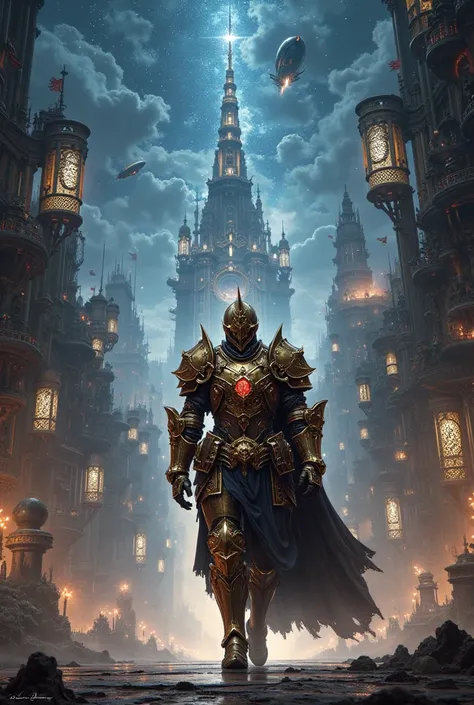 (Fantasy Steampunk: A knight who walks through a huge metropolis in flashy, cool, gorgeous, magical steampunk)(Big city lots of metal  、brass、gear、 Steam engine  ,  Aerial image 、Starry blue night sky