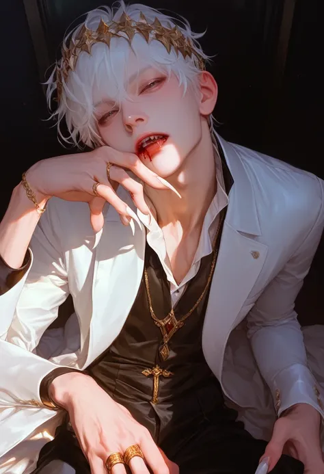 A male，  Long White Hair ，prince，vampire， with some blood on the mouth ， with a sparkling crown ， slender and good-looking hands， long nails ，Sit on the computer desk with your hands over your mouth ，Hands with diamond rings ，High-end，On the bed，fitness，He...