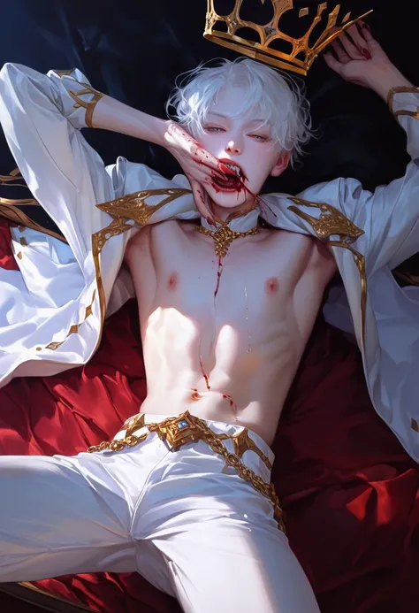 A male，  Long White Hair ，prince，vampire， with some blood on the mouth ， with a sparkling crown ， slender and good-looking hands， long nails ，Sit on the computer desk with your hands over your mouth ，Hands with diamond rings ，High-end，On the bed，fitness，He...