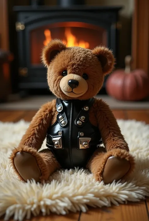 A detailed and vibrant scene of a brown vintage teddy bear which has signs of using wearing a contrasting black latex harness with shiny silver details in a fetish style. He's sitting on a polished wooden floor on a cream fur carpet in a cozy dark room ill...