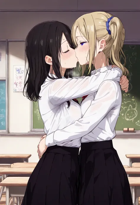 NSFW、Hayasaka Ai、 school classroom、 school uniform 、 white shirt 、 black skirt 、((sweat))、body odor、 hug and kiss、 lesbian couple