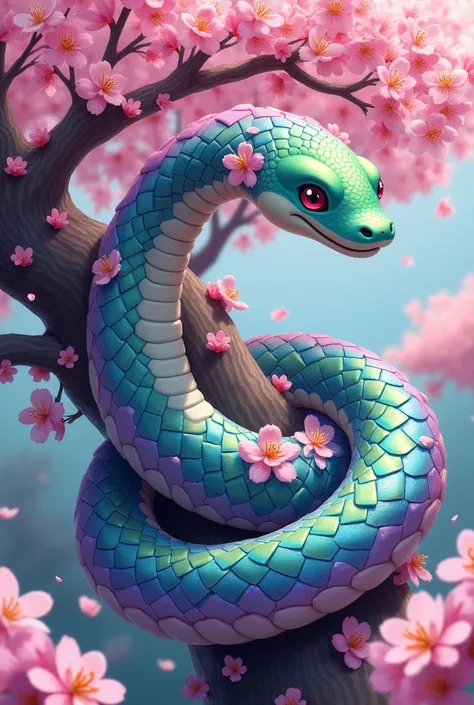 create a funny and multicolor anime snake. The snake is wrapped around a cherry blossom tree