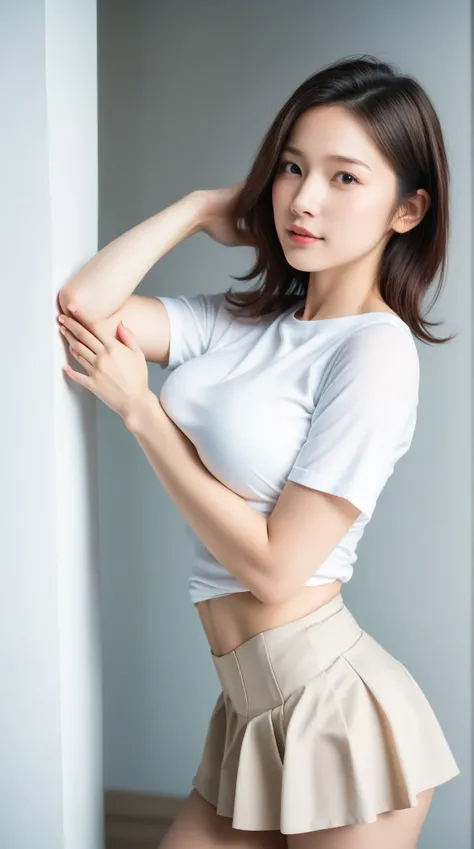 score_9, score_8_up, score_7_up, (8k, super high resolution,  top quality, Masterpiece, Photorealistic, Ultra-high definition), (((White shirt shoulder and breast exposed))), ((large full breasts)), short pensil skirt, sexy pose, standing back to the wall,...