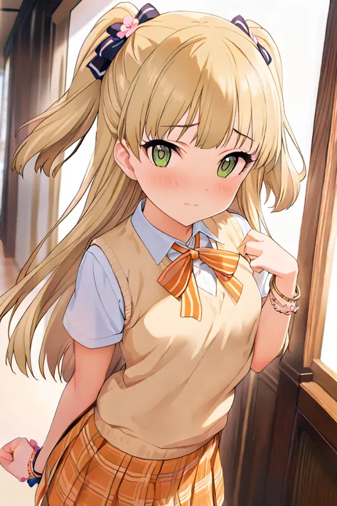 NSFW,masterpiece, best quality, high resolution, very detailed,Rika Jogasaki、Petite、 long hair、 blonde hair、 two side up、bangs、 hair ornament、 green eyes、 small breasts, hair tie 、uniform、clavicle、neck ribbon、 collar shirt、 sweater vest、Short sleeve、 brace...