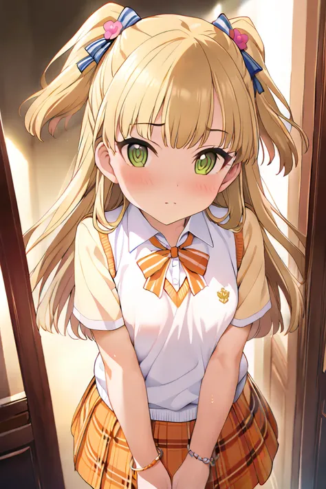 NSFW,masterpiece, best quality, high resolution, very detailed,Rika Jogasaki、Petite、 long hair、 blonde hair、 two side up、bangs、 hair ornament、 green eyes、 small breasts, hair tie 、uniform、clavicle、neck ribbon、 collar shirt、 sweater vest、Short sleeve、 brace...