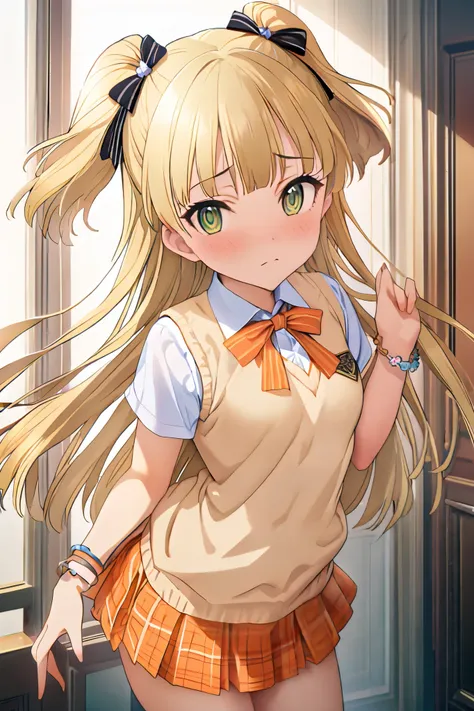 NSFW,masterpiece, best quality, high resolution, very detailed,Rika Jogasaki、Petite、 long hair、 blonde hair、 two side up、bangs、 hair ornament、 green eyes、 small breasts, hair tie 、uniform、clavicle、neck ribbon、 collar shirt、 sweater vest、Short sleeve、 brace...