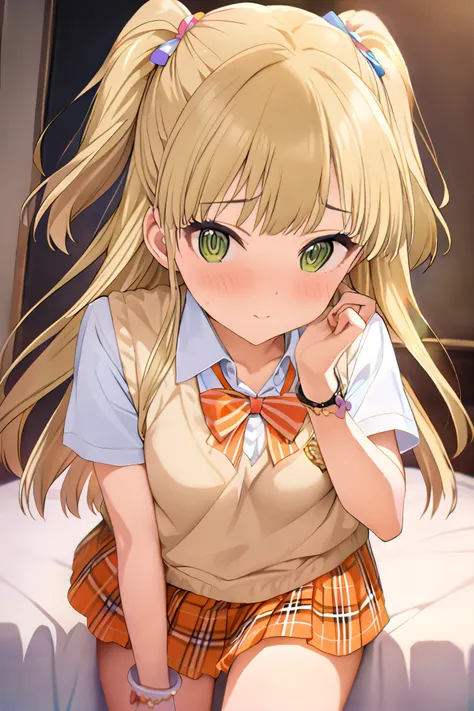 NSFW,masterpiece, best quality, high resolution, very detailed,Rika Jogasaki、Petite、 long hair、 blonde hair、 two side up、bangs、 hair ornament、 green eyes、 small breasts, hair tie 、uniform、clavicle、neck ribbon、 collar shirt、 sweater vest、Short sleeve、 brace...