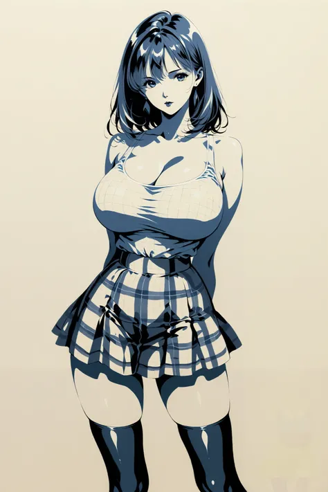 style retro classic, master piece:1.5、(minimal art, line drawing), woman、silence、An ennui look、Densely drawn, plaid tank top, huge breasts, portrait, thin waist, plaid mini skirt, thigh highs, slender legs, sexy, arms behind back, 










