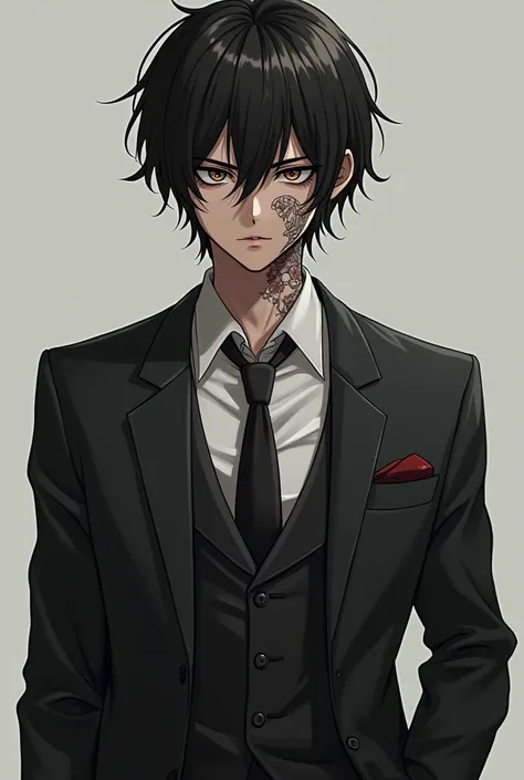 Make a 20-year-old character with a defined misculus body, with scars from cuts and with the face of a psychopath and with tattoos wearing a suit and looking like Eren Yeager