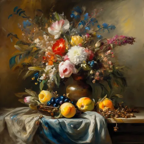 Ultra-detailed, of the highest quality, Romantic, epic, theatrical brushwork, illustration in oil, still life with bouquet in a vase, cloth, walnut, Delacroix, Turner, inspired by the masterpiece