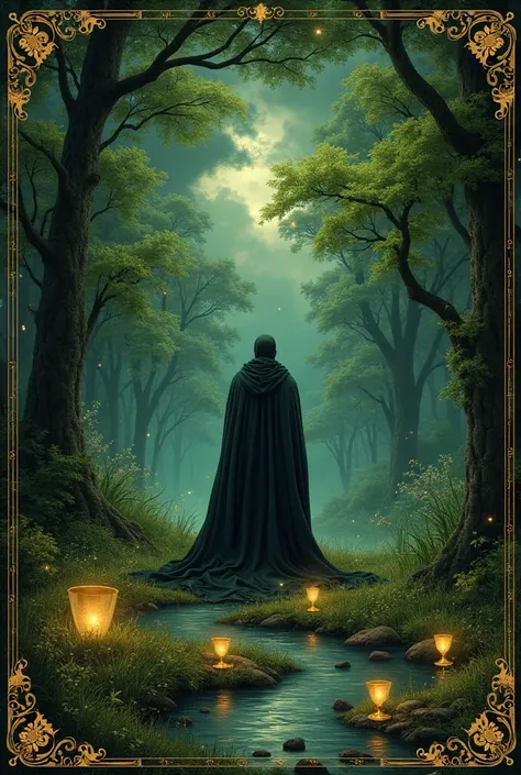  The “5 Cups” tarot card is made in fantasy style 

The centerpiece is a magical green forest ,where many fireflies are flying ,  There is a man in his 30s standing in the forest in a long black cloak  ,стоит он спеной вперёд  полубоком и голова lowered do...