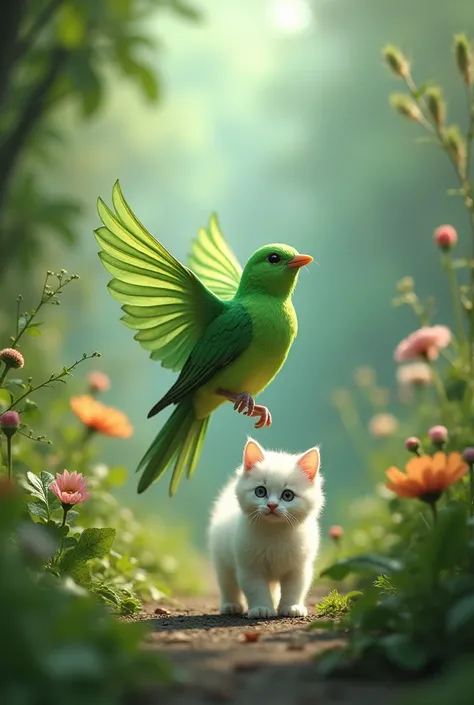 A green bird showing the white kitten the white kitten's parents 