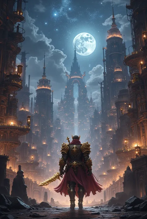 Aerial view(Fantasy Steampunk: A knight who walks through a huge metropolis in flashy, cool, gorgeous, magical steampunk)( big city lots of metal 、brass、gear、 Steam engine  ,   starry blue night sky