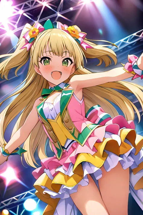 NSFW,masterpiece, best quality, high resolution, very detailed,Rika Jogasaki、Petite、 long hair、 blonde hair、 two side up、bangs、 hair ornament、 green eyes、 small breasts, idol costume