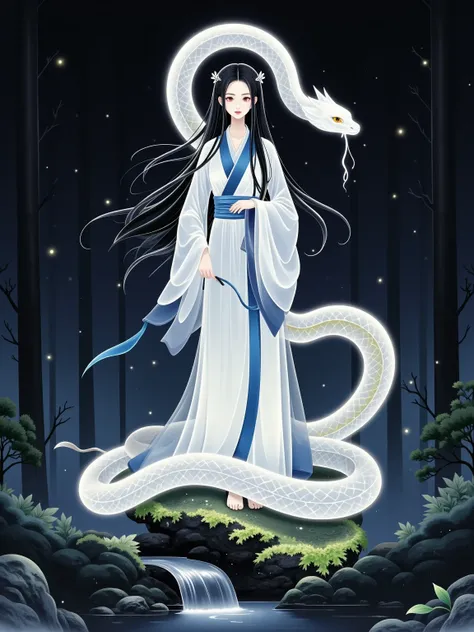 (((New Chinese simple illustrations, national style, transparent, glowing, fluorescent white, white snake))), 1girl, A mythical figure known as 'Hebi-Onna,' depicted as a beautiful yet terrifying woman with the upper body of a human and the lower body of a...