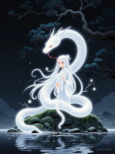 (((New Chinese simple illustrations, national style, transparent, glowing, fluorescent white, white snake))), 1girl, A mythical figure known as 'Hebi-Onna,' depicted as a beautiful yet terrifying woman with the upper body of a human and the lower body of a...