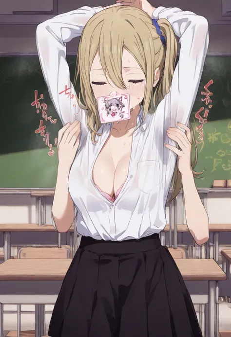 NSFW、Hayasaka Ai、 school classroom、 school uniform 、 white shirt 、 cleavage、 black skirt 、((sweat))、body odor、Smelling your armpits