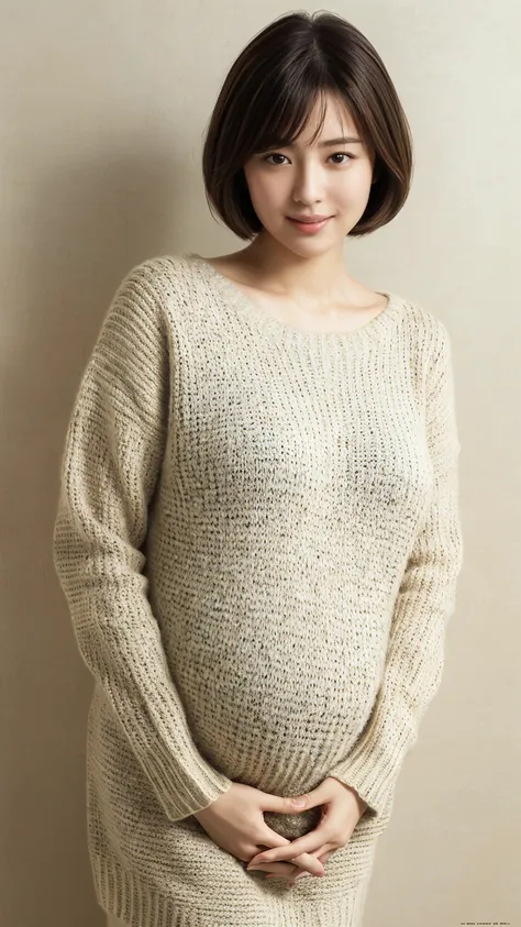 (Masterpiece,High Quality),(clear shots) ,  Japanese ,Woman,short bob 3 layers hairstyles ,(huge breasts),(huge pregnant),(looking at the front), wallpaper concept, sweet smile, sweater dress, actress, magazine concept, ((5 fingers correction))