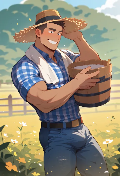  one man,  handsome, Muscular, tanned skin,  brown hair , Blusher , freckles, black eye, Crew cut, wear a red color checkered shirts, denim pants,  I'm wearing a towel around my neck, wear a straw hat, bulge, carry a bucket on his shoulder, Smile, very, Ou...