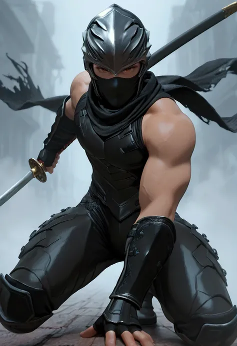 masterpiece, best quality, newest, absurdres, highres, HYBSRYNG, helmet, mouth mask, black scarf, black clothes, armor, sleeveless, arm guards, fingerless gloves, black boots, sheathed, fog, katana, dynamic pose, looking at viewer,holding weapon, 1boy, sol...