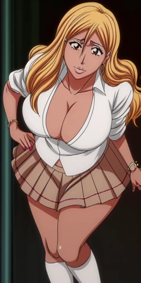 Orihime Inoue,Bleach artstyle,Big breast,((Enchanted big breast)),((((plain white school uniform loose cleavage and grey skirt)))),Curvy figure,Plump,Hoopa bracelet,blue Long nail,look at viewer,(((bright yellow blond color hair))),((head facing front)),Hi...