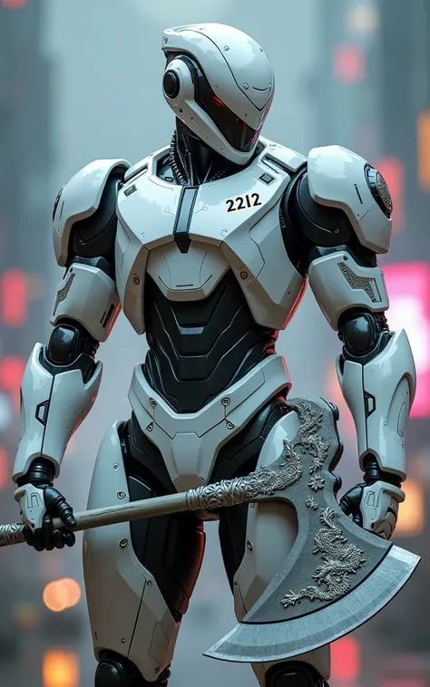 A futuristic robotic version of Wiro Sableng, wearing sleek white mecha armor with a modern and powerful design. The armor features a white triangular robotic helmet resembling a traditional headband, and the number 212 is prominently displayed on his ches...