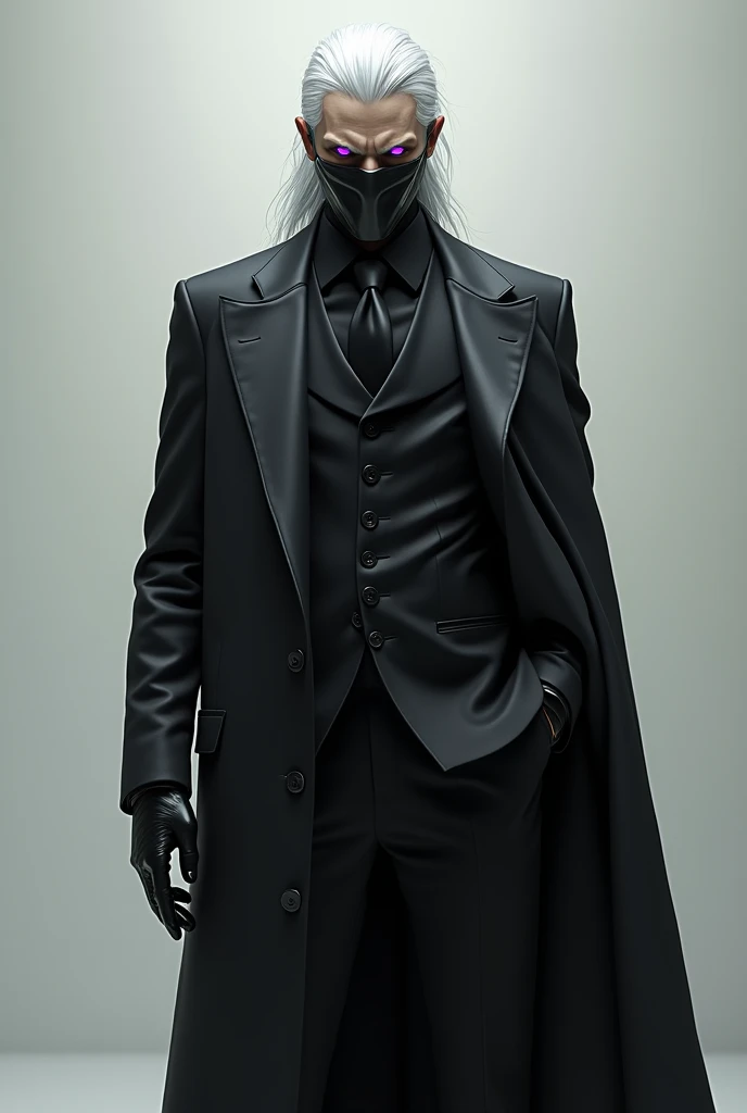 a tall man,  with a black and white suit, purple eyes,  white hair, mask, He has black gloves m 