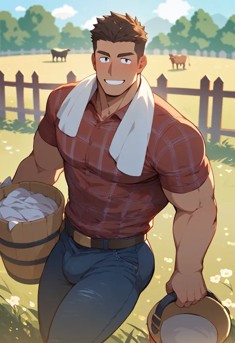  one man,  handsome, Muscular, tanned skin,  brown hair , Blusher , freckles, black eye, Crew cut, wear a red colored checkered shirts, denim pants,  I'm wearing a towel around my neck, wear a straw hat, bulge, carry a bucket on his shoulder, Smile, very, ...