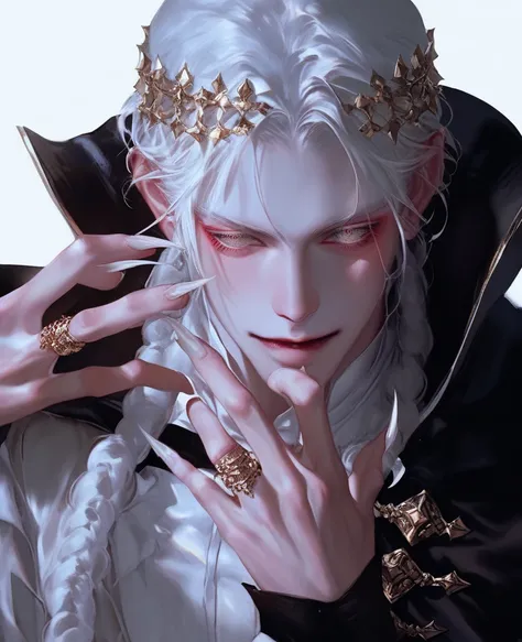 A male，  Long White Hair ，prince，vampire， with a sparkling crown， slender, good-looking hands， long nails ，Look at the camera coldly ，Hands with diamond rings ，High-end， young and energetic， Good condition ，Very handsome脸瓜子脸，White luxury costume set ， gold...