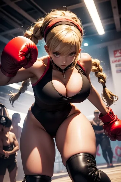 Camy street fighter, big tits, one piece swimsuit green tight, army boots black, beret red, robot leg, blonde hair, toned, 2 braided pigtails down, kick boxer fighting stance, knee up, kickboxing gloves red,