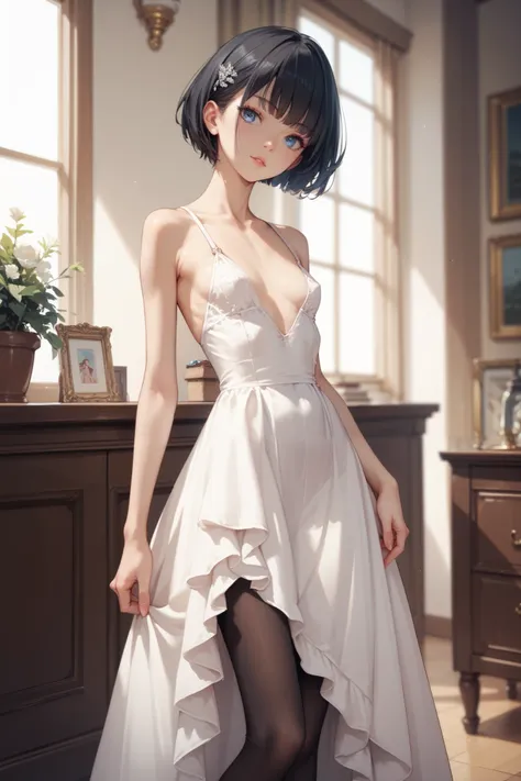 skinny girl,     Blue eyes ,     short hair,     black hair   ,     Very small breasts   , skinny legs,  wide waist,     black tights, in the room,  black long dress