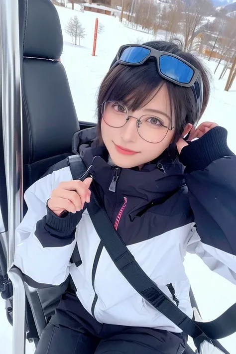 short dark hair, half body shot, realistic, naughty, licking lips, rimless glasses, ski resort, ski wear, riding a ski lift at a ski resort, masterpiece, best quality, 8k, super detail, 