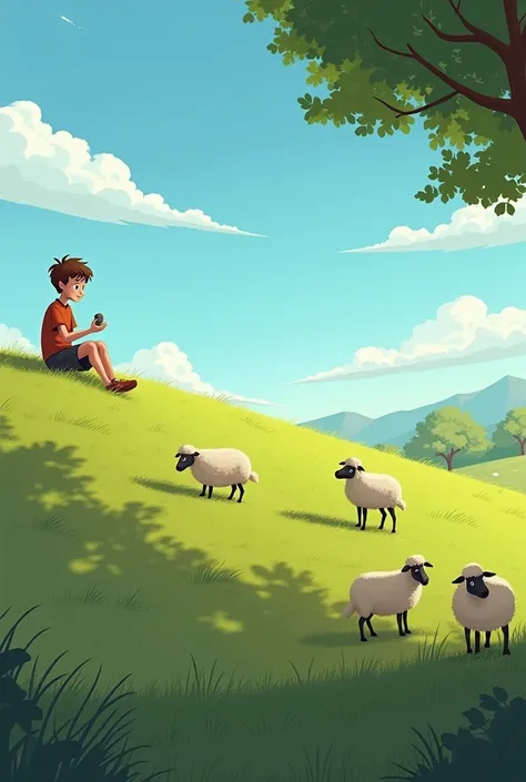 Scene 1: The Boy Becomes Bored
Setting: A peaceful meadow with grazing sheep under a clear blue sky. The boy sits on a hill, leaning against a tree, looking bored.
Visuals: Wide shot of the landscape, close-up of the boy sighing, fidgeting with a stick, or...