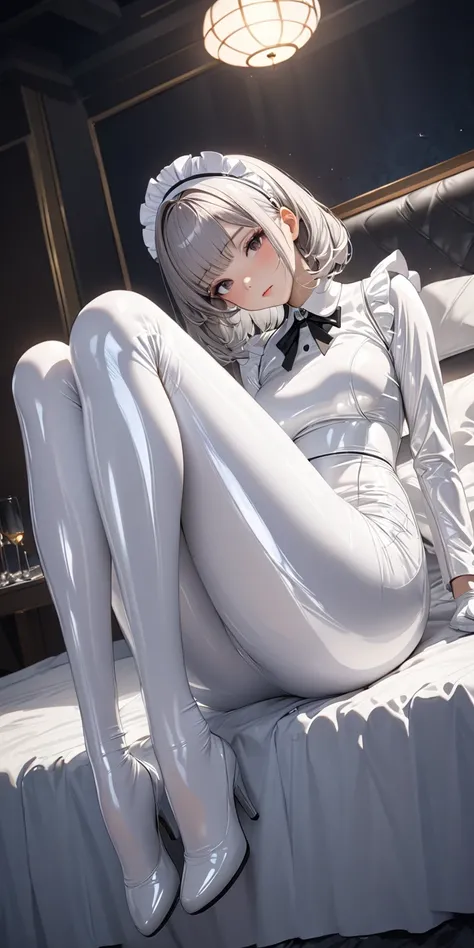  full body photo、(Masterpiece, best quality,  super high resolution ),Extremely detailed CG, Japanese woman,  Maid Headband 、 bob hair with bangs 、((( very beautiful woman))),( white latex maid clothes )、( Long Sleeve)、((( white latex long skirt )))、 white...