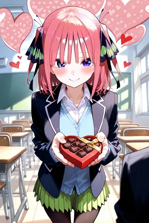   1 girl,   Nino Nakano ,  high school students , uniform, smile,   blush,really like, holding Chocolate,    pantyhose,   heart background , (  skid :1.2), School,  classroom,