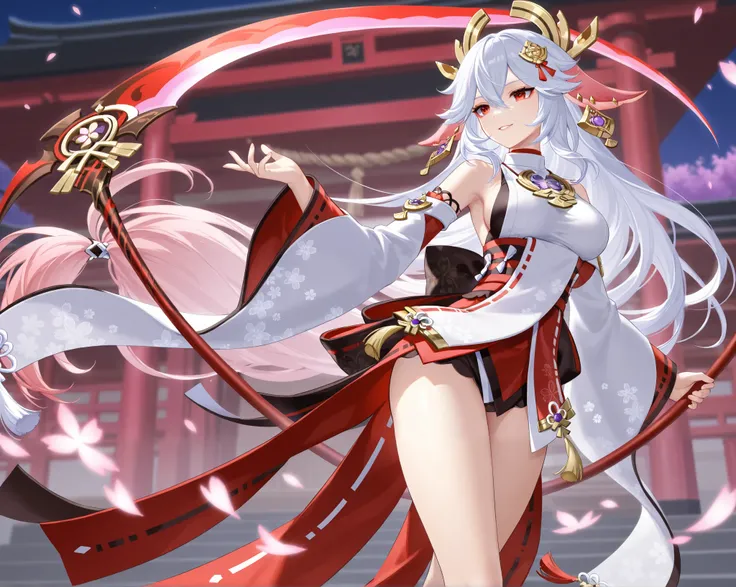  Yae Miko、 high resolution、 Super Fine、 beautiful breasts 、、 whole body、 ,  happy、 Fox hair ornament、 Genshin Impact 、 beautiful thighs、 red eyes、 white hair、Scythe、 standing picture、 Black Shrine Maiden Outfit