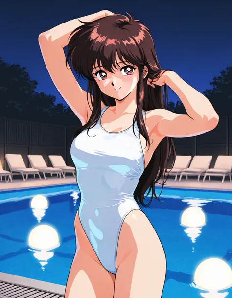 ( bust up)、(Japanese anime style in the 1990s)、Alone,   teenage woman    ,    ,    sexy pose ,  Late night pool ,( poolside)、 very sheer white high leg swimsuit、(Separate swimsuit) , smile,  splashes 