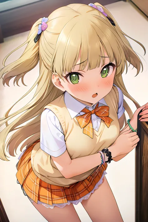 NSFW,masterpiece, best quality, high resolution, very detailed,Rika Jogasaki、Petite、 long hair、 blonde hair、 two side up、bangs、 hair ornament、 green eyes、 small breasts, hair tie 、uniform、clavicle、neck ribbon、 collar shirt、 sweater vest、Short sleeve、 brace...