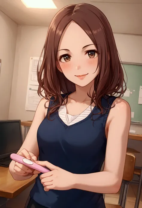  score_9,  score_8_ up,  score_7_ up,  source_Anime,  1 girl in the best, Alone, , CG, ,Brown Hair, F ,  viewers who are cunnilingeing, , , (( girl shows viewers her completed pregnancy test)) ,,  detailed background, room , smile、blush, , girl looks down ...