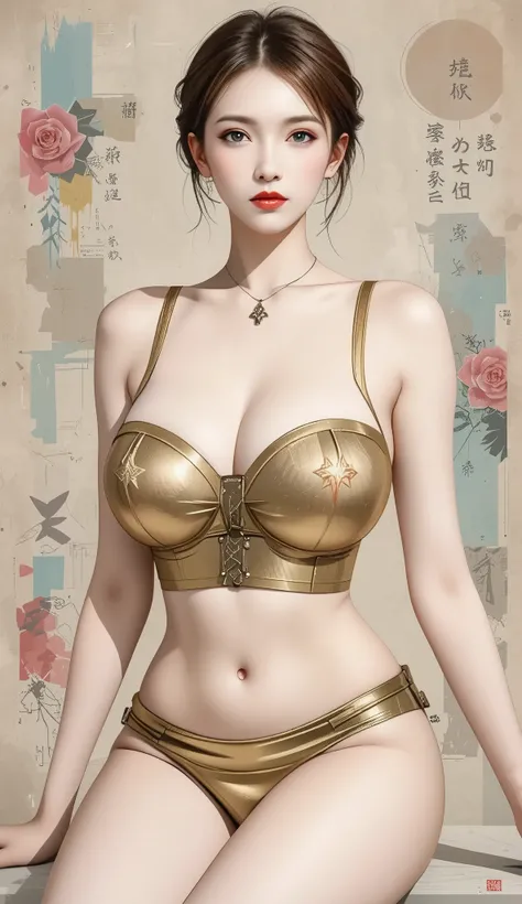 style retro classic, master piece:1.5、(minimal art, line drawing), korean woman、silence、An ennui look、Densely drawn, bra and panties, huge breasts, portrait, thin waist, metallic gold bra and panties, thigh highs, thick thighs, sexy, arms behind back, sitt...