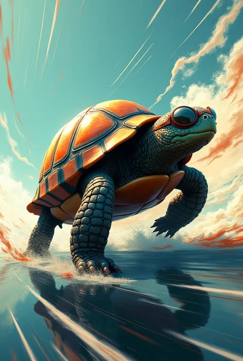 Image of a Turtle with Elements of Speed :  The turtle may be wearing aviator glasses or a cover that symbolizes speed,  with dynamic lines surrounding it to suggest fast movement .