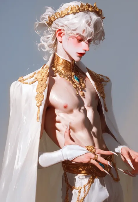 A male，  Long White Hair ，prince，vampire， with a sparkling crown ， slender and good-looking hands， long nails ，Looking into the camera with cold eyes，Hands with diamond rings ，High-end， young and energetic， Good condition ，Chest muscles， strong ，Very hands...