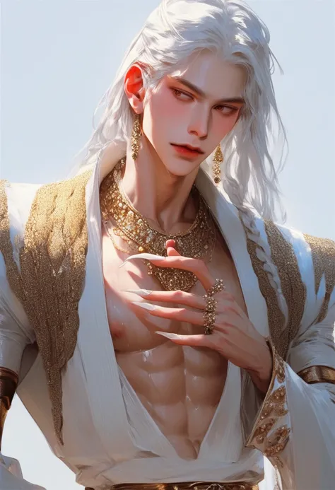 A male，  Long White Hair ，prince，vampire， with a sparkling crown ， slender and good-looking hands， long nails ，Looking into the camera with cold eyes，Hands with diamond rings ，High-end， young and energetic， Good condition ，Chest muscles， strong ，Very hands...