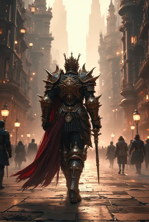 (Sideways waist shot of a knight walking through a huge metropolis in fantasy steampunk, flashy, cool, gorgeous, magical steampunk)(Big city lots of metal  、brass、gear、 Steam engine  ,  A refreshing morning