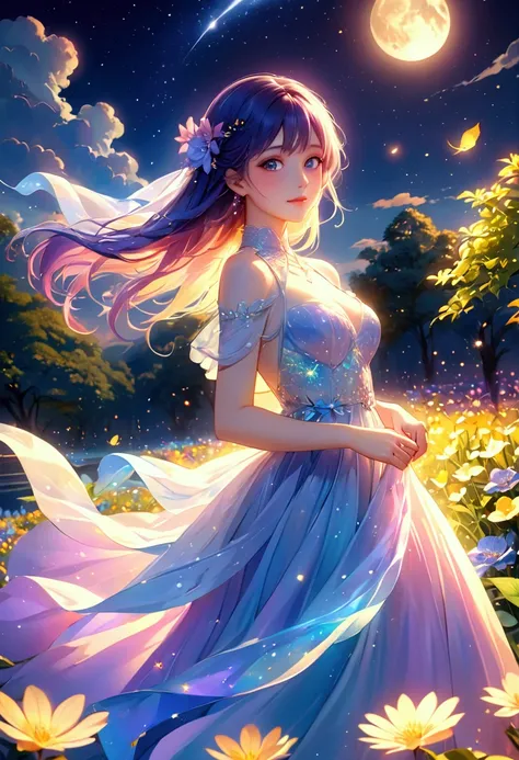 👩💖💖💖　 best quality、8k、 high resolution、masterpiece,　 starry sky 、 one girl standing in line alone、 Moonlight and shining starlight、 Her face is of the highest quality 、 Close Your Eyes and Smile、She is wearing an elegant dress、 flowing 、and fantastic 、Givi...