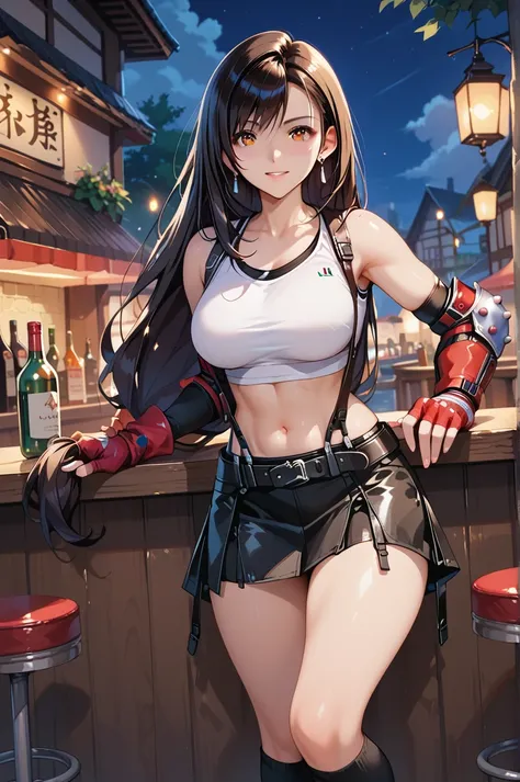 score_9, score_8_ up,score_7_ up,1girl in the best,Alone,ceiiai ttiffa,brown eyes,black hair,long hair tied low,earrings,black skirt after an entire rape,(white tube top),black tank top innerwear,black suspenders,midriff,miniskirt,short skirt,Black Belt,sl...