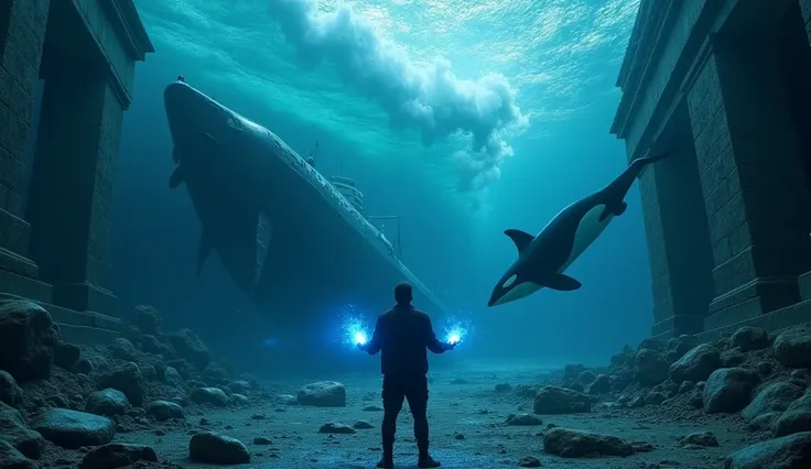 in the depths of the sea,  a man stands in front of magnificent ancient ruins ,  with blue crystals burning in its hands ,  while a herd of orca whales swims around it , protect it . In the background,  a huge wave rolls across the surface of the sea ,  as...